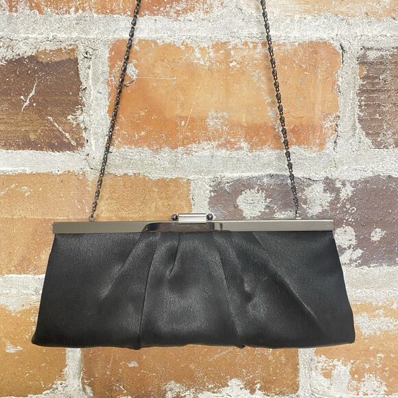Vintage Gunne Sax Chain Black Evening Bag Clutch Jessica McClintock Satin Purse - Picture 1 of 15